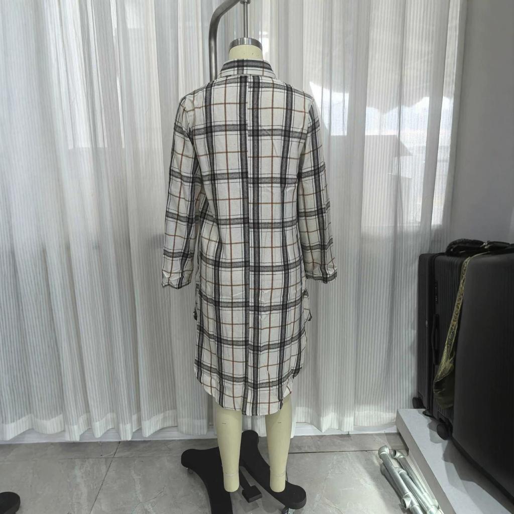 Popular European and American Spring and Autumn Knitted Long-sleeved Stand-up Collar Dress One-row Button Plaid Shirt Skirt