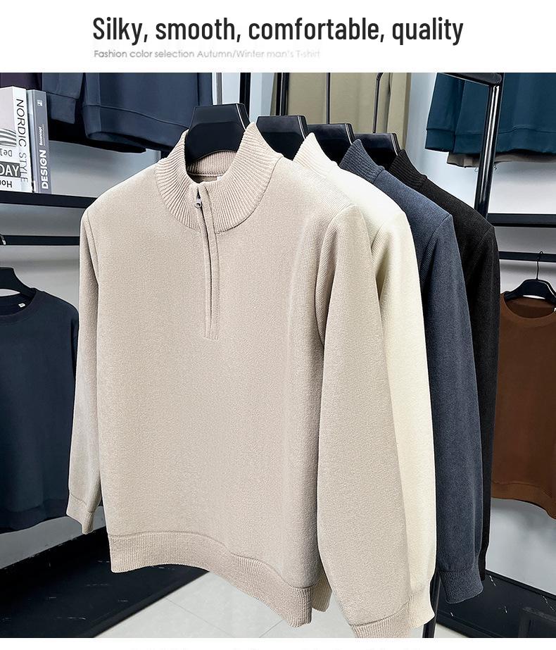 Men's Winter Plus Velvet Half-Zip Stand Collar Hoodie - Thick, Solid, Versatile, Fashionable, Warm Top