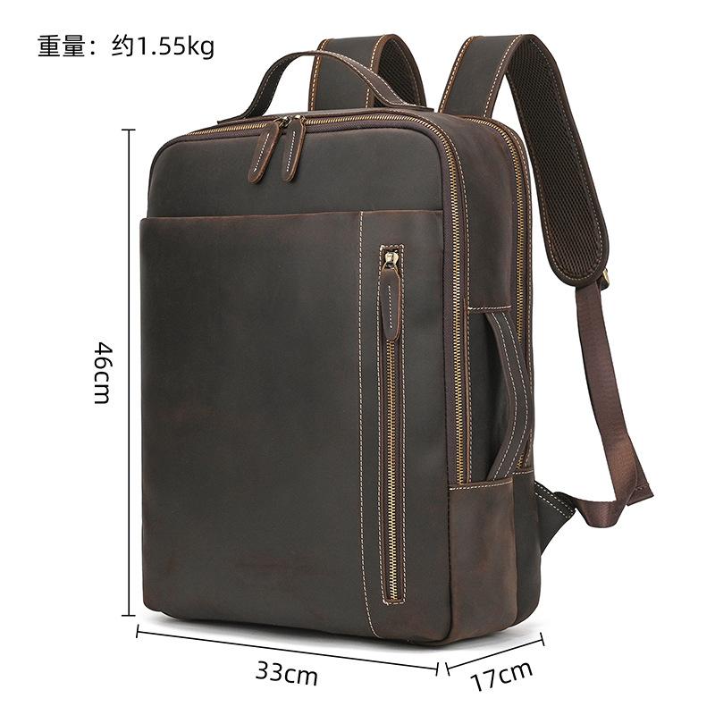 Retro Backpack Double Zipper Main Bag Leather Backpack Large Capacity Mad Horse Leather Outdoor Travel Bag Leisure Computer Bag