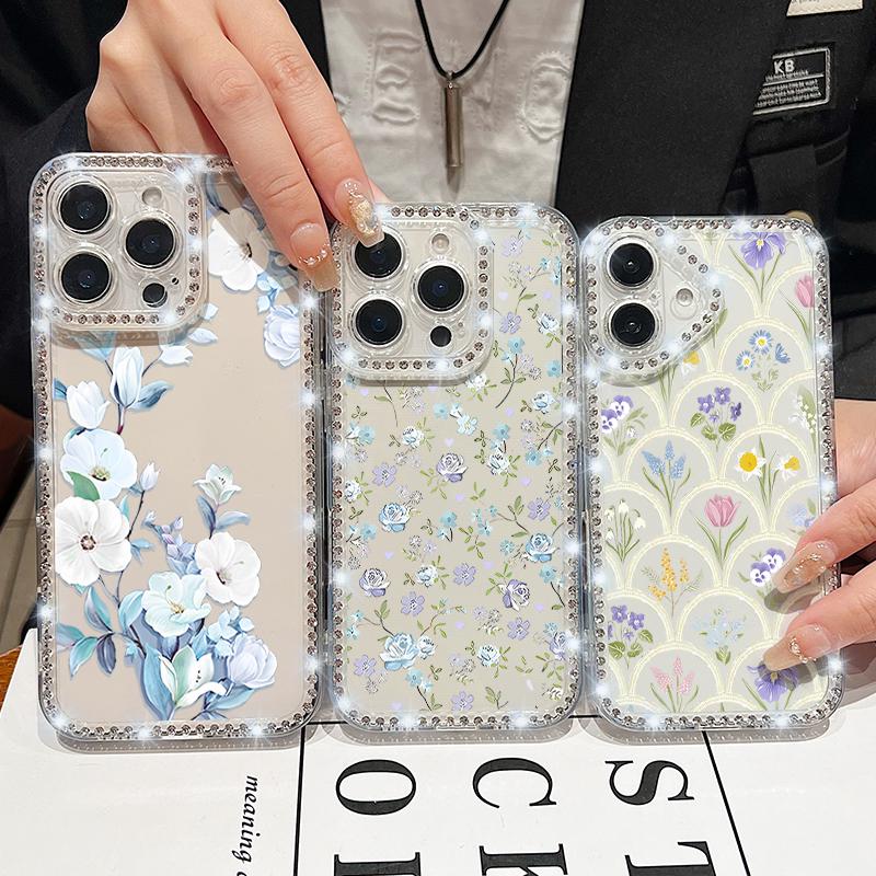 Floral Pattern Clear Shockproof Phone Case For iPhone 16E 16 Pro Max 15 Pro 14 13 12 11 Diamond Frame Anti-Fall Soft Silicone Bumper Cover