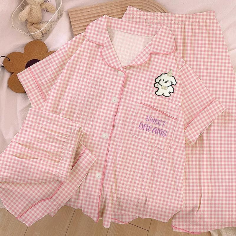 Homewear Cloud Cotton Frühling und Sommer Pyjama Damen Kurzarm Hose Cartoon Welpe Mädchen Dreiteiler