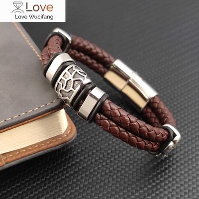 Brown Punk 316l Stainless Steel Irregularly Cracked Man Bracelet Genuine Braided Leather Male Bracelets &Bangles Men 'S Jewelry