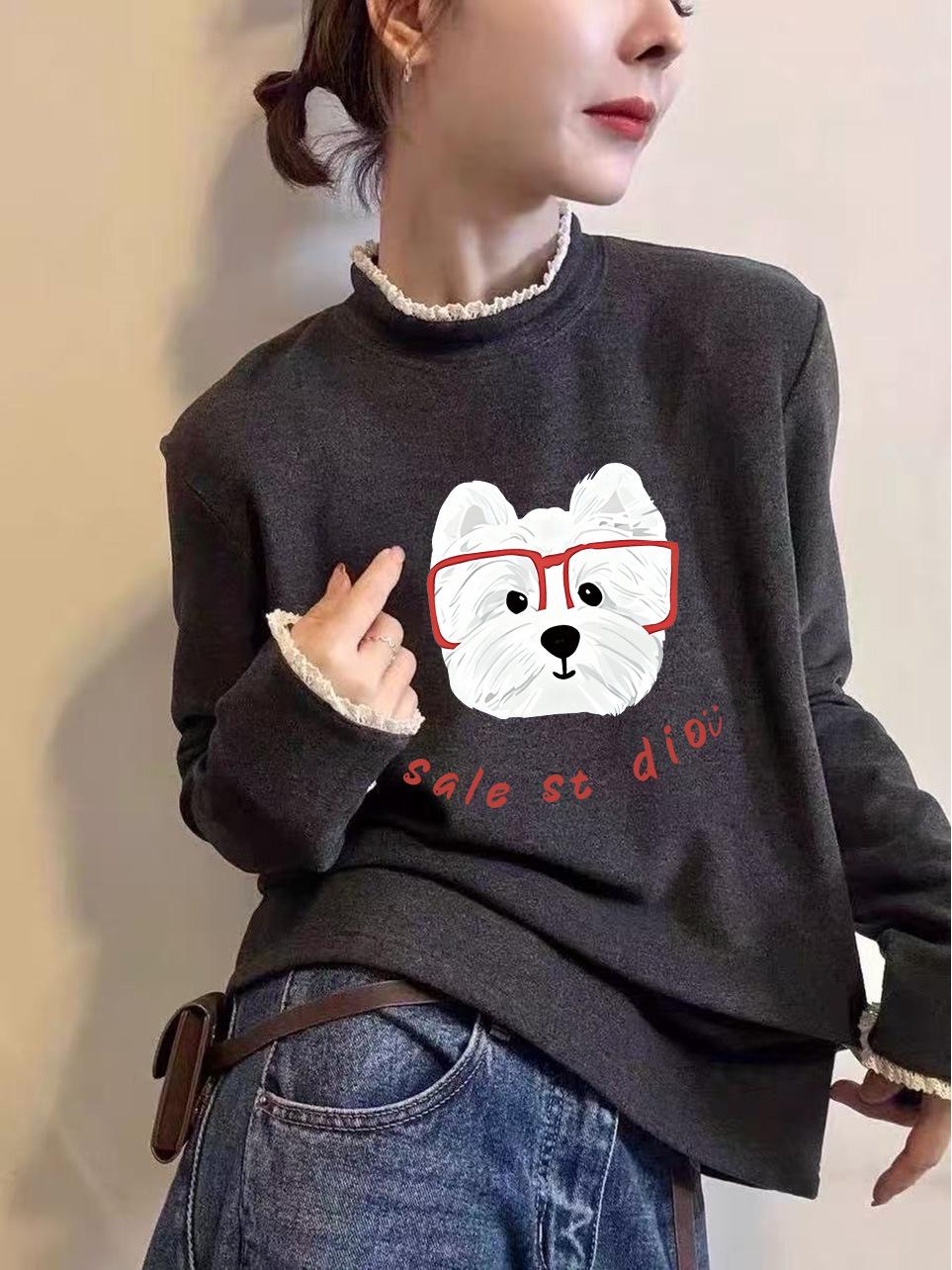Women s Lace Collar Velvet Long-Sleeve T-Shirt - Autumn/Winter 2025 Collection L