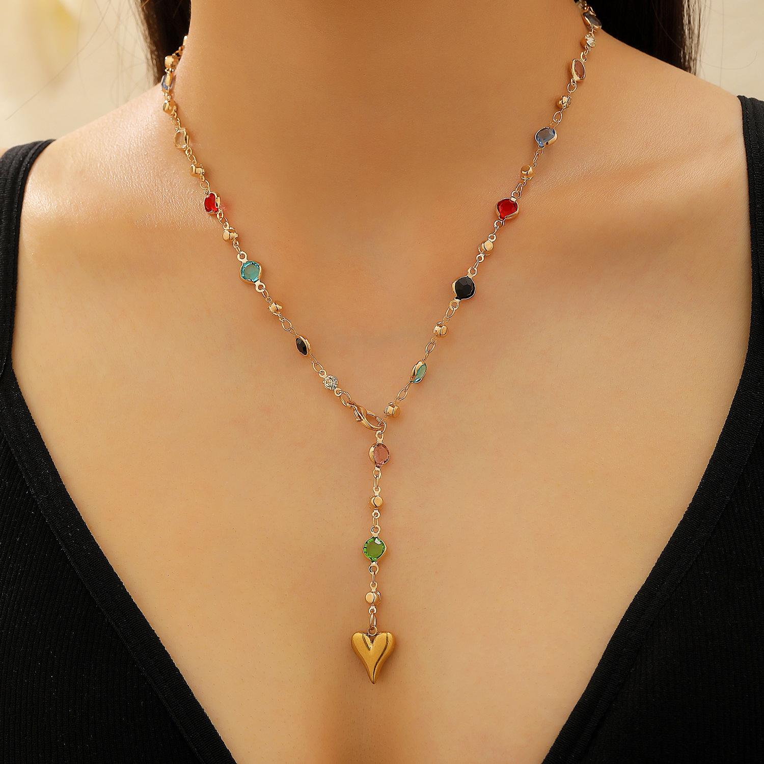 Colorful Stone Inlaid Y Shape Necklace with Heart Pendant for Women
