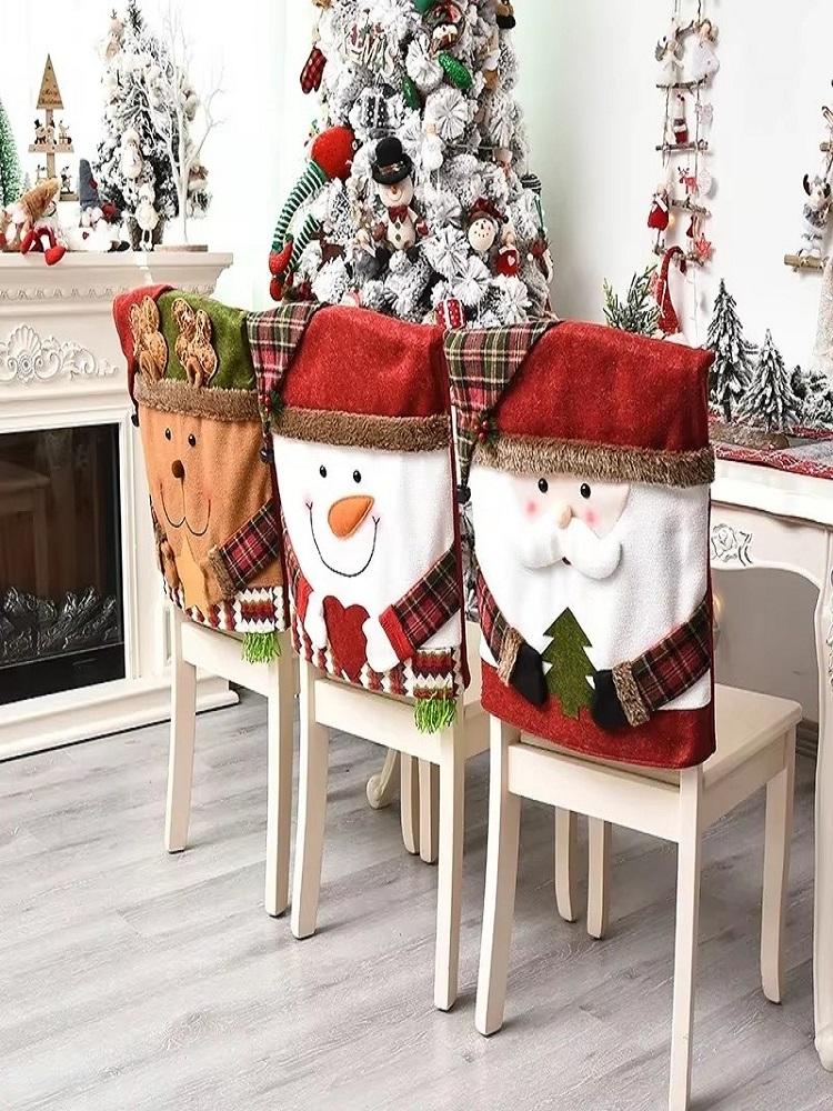 Christmas Chair Cover Santa Claus/Snowman/Reindeer Chair Slipcover Xmas Chair Back Cover Holiday Seat Cover Home Decoration