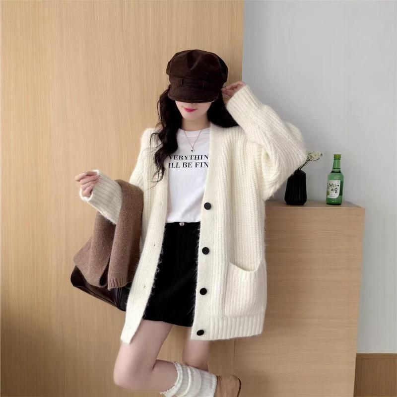 Lazy wind V-neck sweater jacket women's clothing autumn and winter new loose simple casual knitted cardigan jacket women