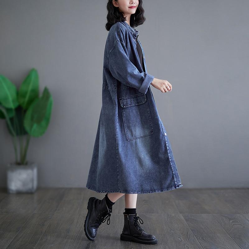 Spring  and Autumn Women Mid To Long Knee Length Denim Trench Coat Cotton Casual Vintage Long Jacket Loose Plus Size Oversized Pockets