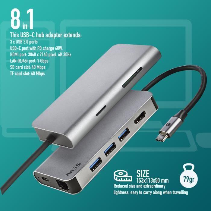 Dock station 8 en 1 - NGS - WONDER DOCK 8 - USB-C - Charge PD 60W - 4K 30Hz