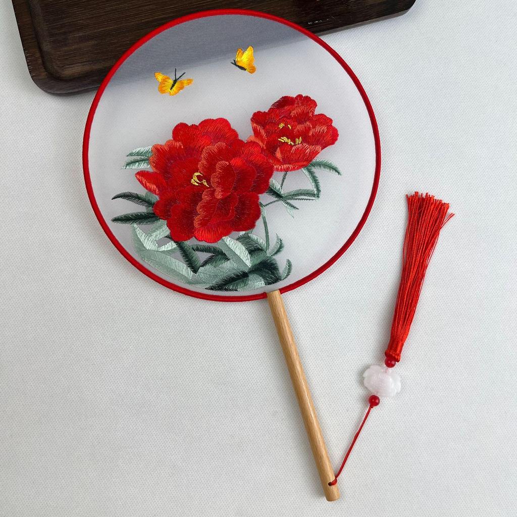 Ancient Chinese Round Hand Fan: Suzhou Double-Sided Embroidery with Peony Design for Hanfu Dance