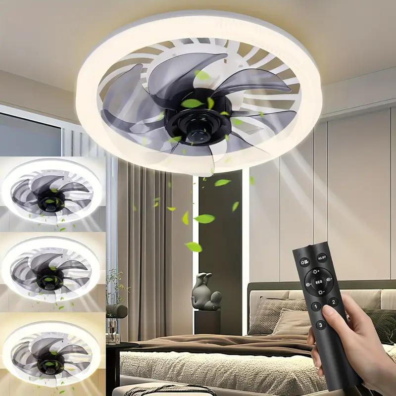 Modern Flush Mount Ceiling Fan with LED Light Remote Control Dimmable E27 Socket Smart Electric Fan for Bedroom Living Room