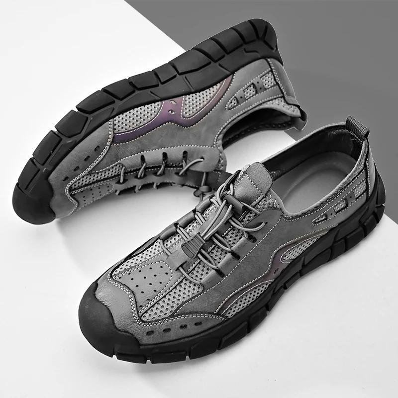 Mode Herren Leder Freizeitschuhe Mesh Atmungsaktiv Urlaub Strandschuhe Rutschfest Stoßdämpfend Wanderschuhe Modischer Herren Sportschuh