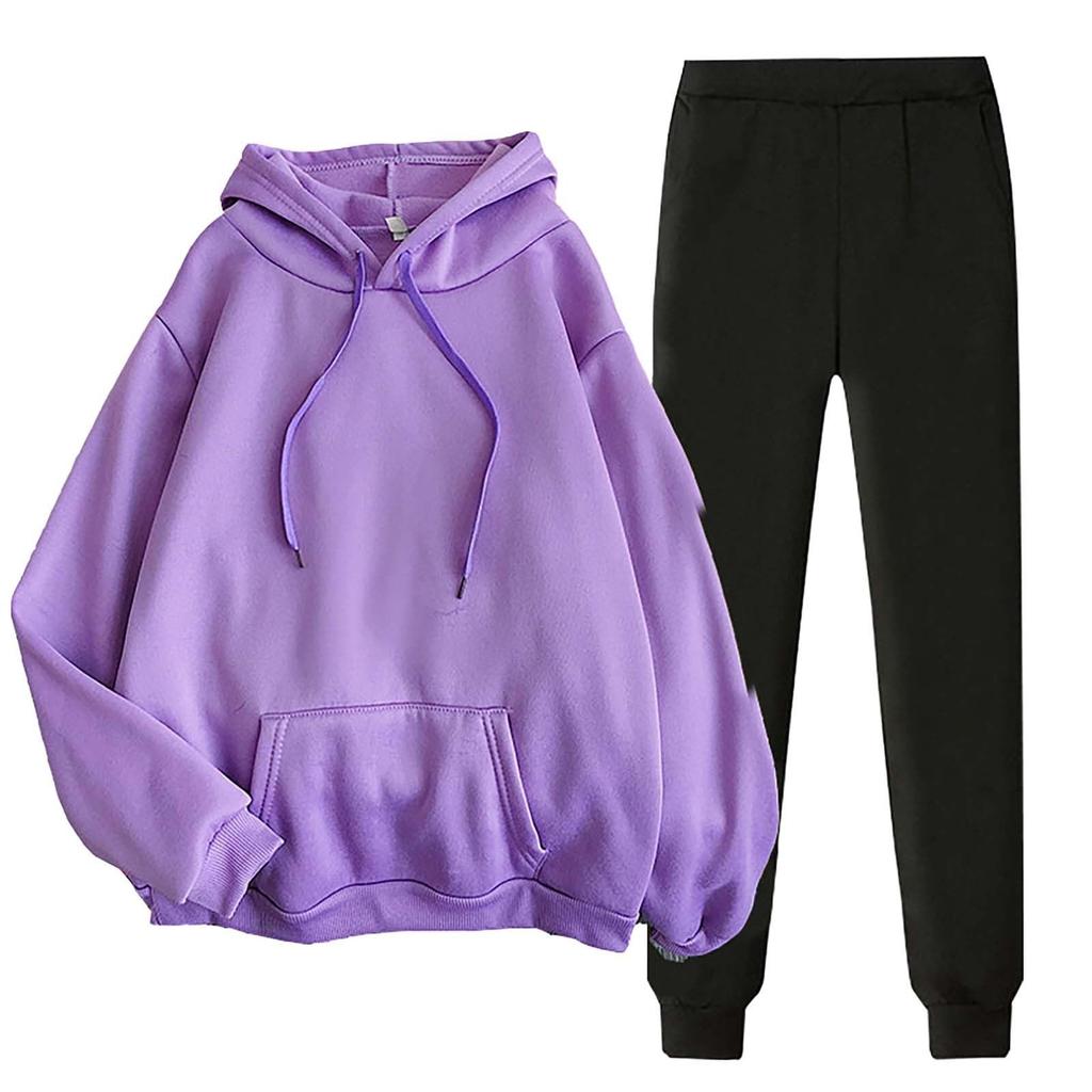 Women's Two-piece Casual Solid Color Ribbed Long Sleeved Sweatshirt And Pants Set