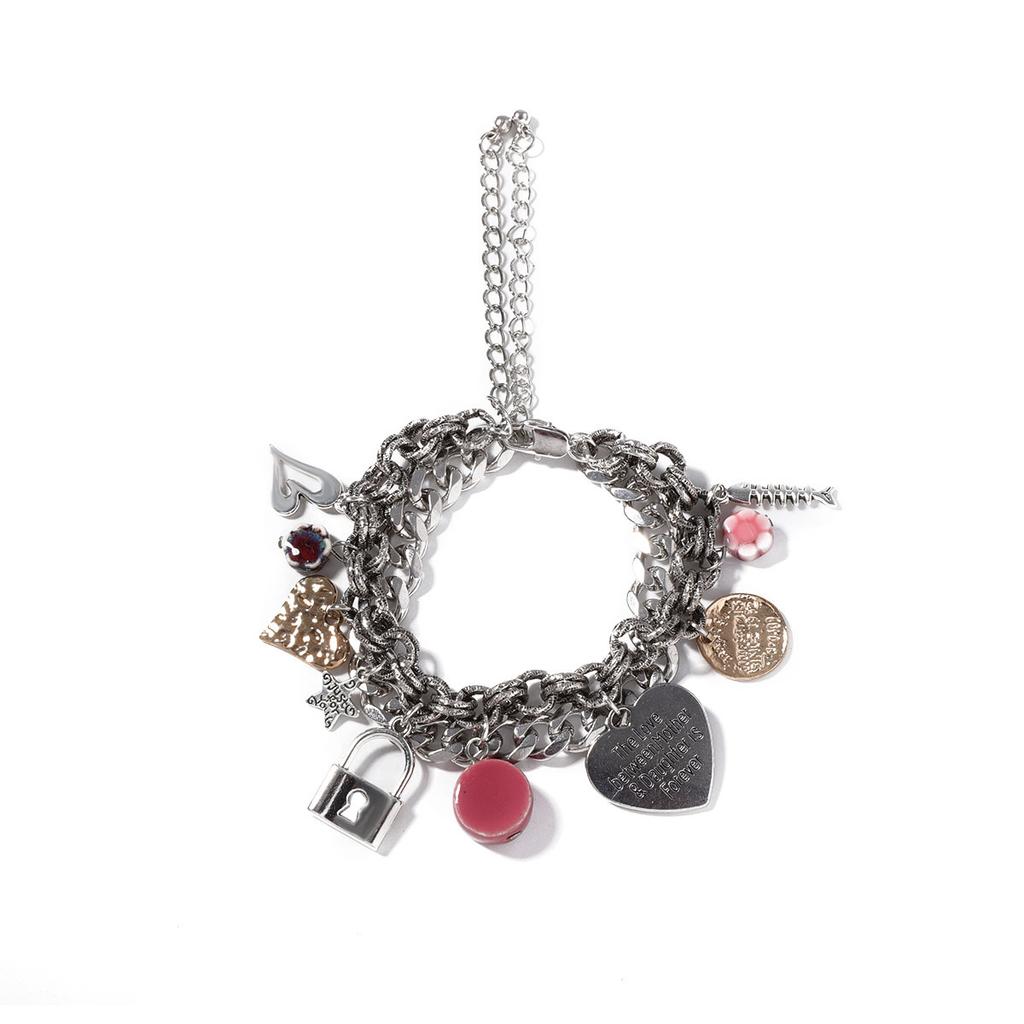 Personalidade tendência vintage fotografia de rua prata antiga corrente liga pingente cadeado do amor pulseira estilo casual versátil