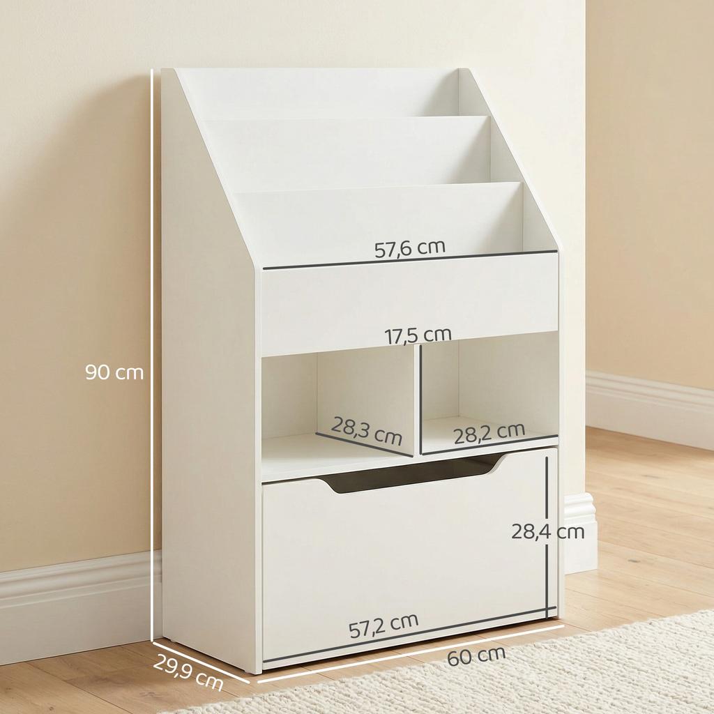 Children's Shelf with Drawer, Bookshelf with Compartments, 60 x 29.9 x 90 cm, White