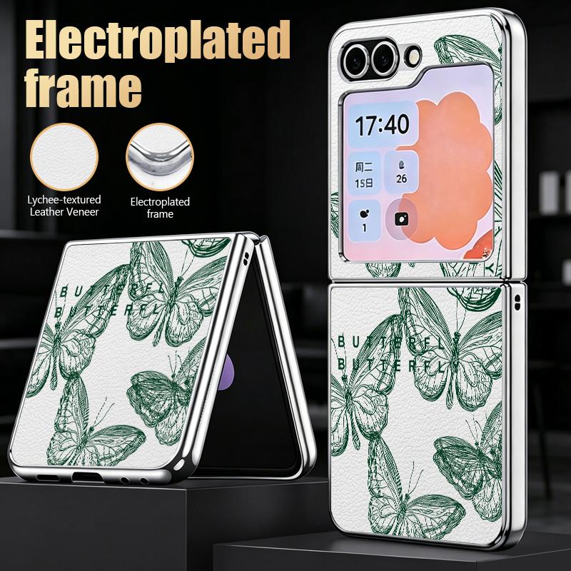Line Butterfly Print Case For Samsung Z Flip 8 7 6 5 Luxury Plating Leather Skin Folding Phone Cover For Galaxy Z Flip8 Flip7 Flip6
