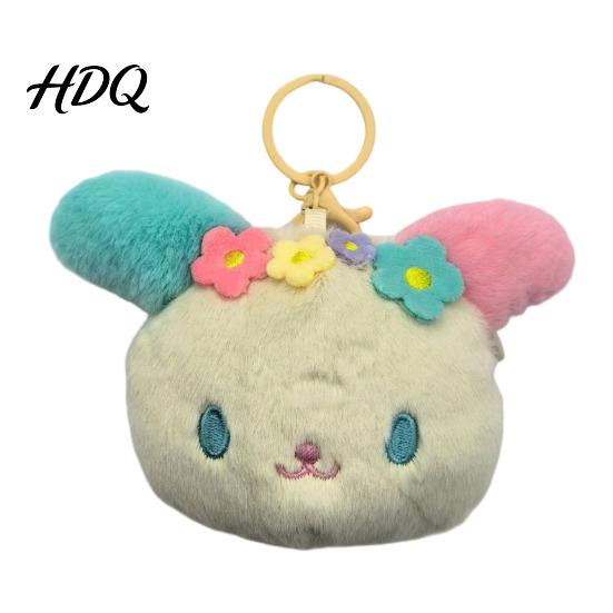 Decorative Bag Charm for Girls Cute Fluffy Rabbit Keychain Plush Card Holder Pendant with Animal Doll Flower Embroidery Kawaii Keys Backpack