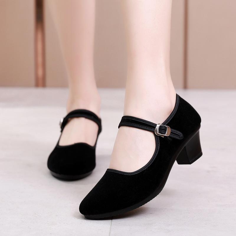 Autumn new women's shoes polyurethane sole lightweight hotel etiquette shoes one-word buckle medium heel soft sole mother shoes middle-aged shoes