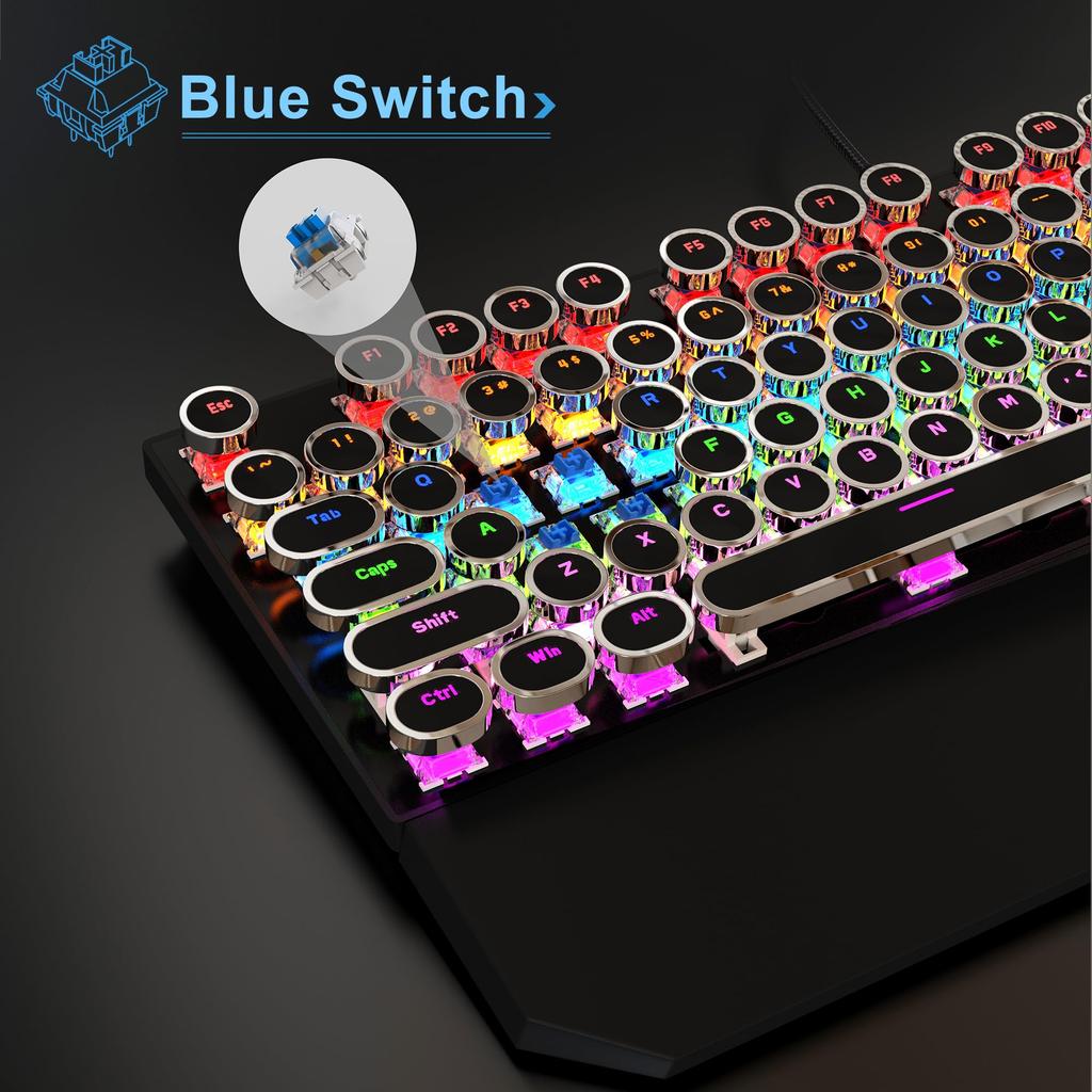 MageGee Typewriter Mechanical Gaming Keyboard, Retro Black Punk Round Keycaps, RGB Rainbow Backlit Wired Keyboard for Laptop, Mac, PC, and Gamers
