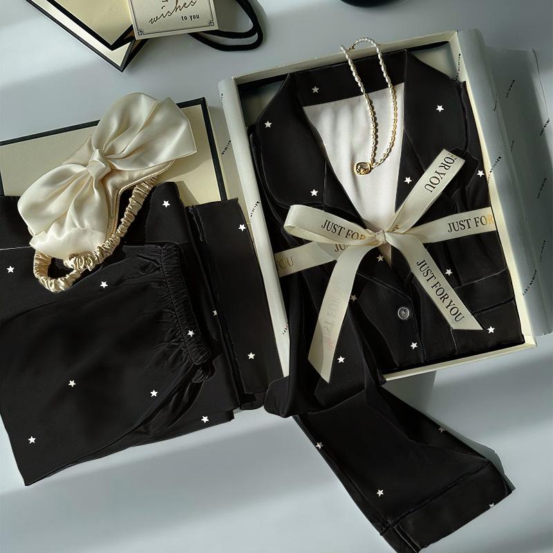Light Luxury Retro High-End Leopard Print Star Ice Silk Pajamas Women'S Long-Sleeved Trousers Loungewear Set