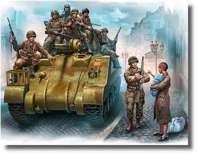 Master Box Britische Panzerbesatzung 7 US-Fallschirmjäger Frau hält Kind Frankreich 1944 Plastikmodell MB35164 1/35 + +