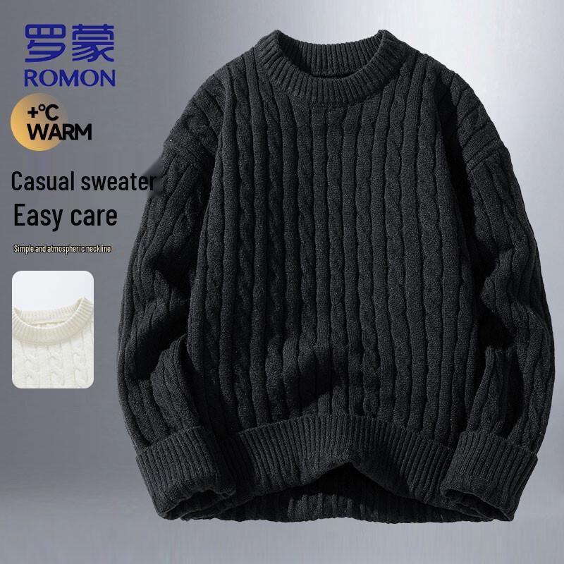 ROMON Men s Solid Color Round Neck Pullover Sweater M