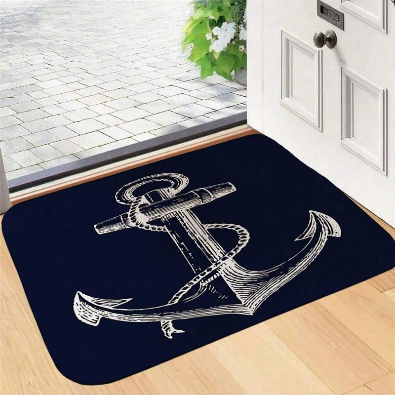 1Pc White Anchor & Navy Blue Nautical Washable Door Mat Non Slip Entrance Floor Carpet Easy To Clean Hallway Bath Kitchen Rug