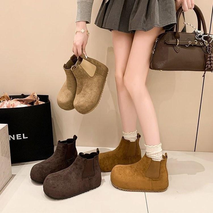 Internet celebrity matte leather platform Chelsea short boots winter  new retro velvet big head heightening cotton shoes