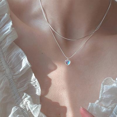 Liebe Mondstein Halskette Süße Graduelle Änderung Edelstein Pfirsich Herzförmig Schlüsselbein Kette Doppel Kette Herz Schlangenknochen Kette