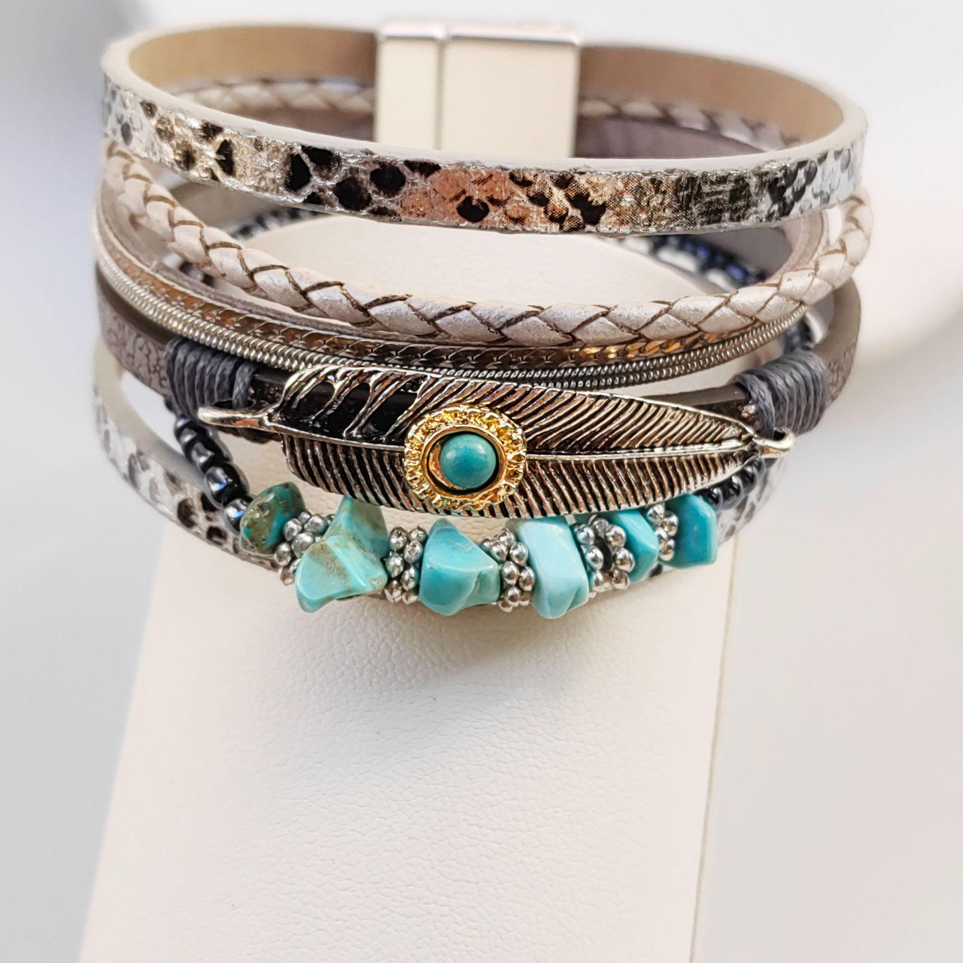 Bohemian Crushed Stone Feather Leather Bracelet with Turquoise & Magnetic Clasp