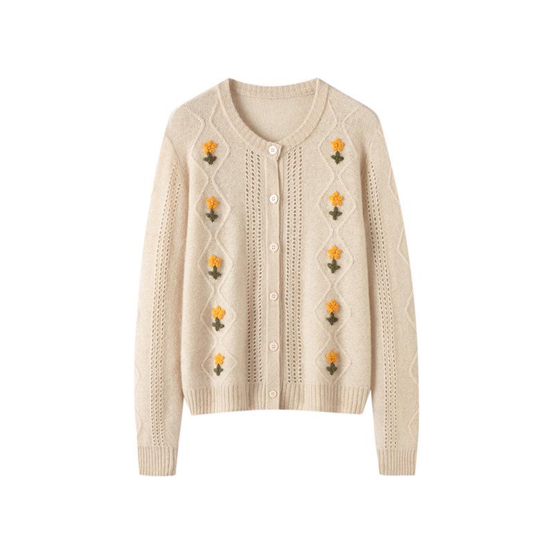 2026 Fall/Winter Women's Plus Size Floral Embroidered Cashmere Cardigan - Loose Fit, Long Sleeve, Versatile Knit Sweater Coat