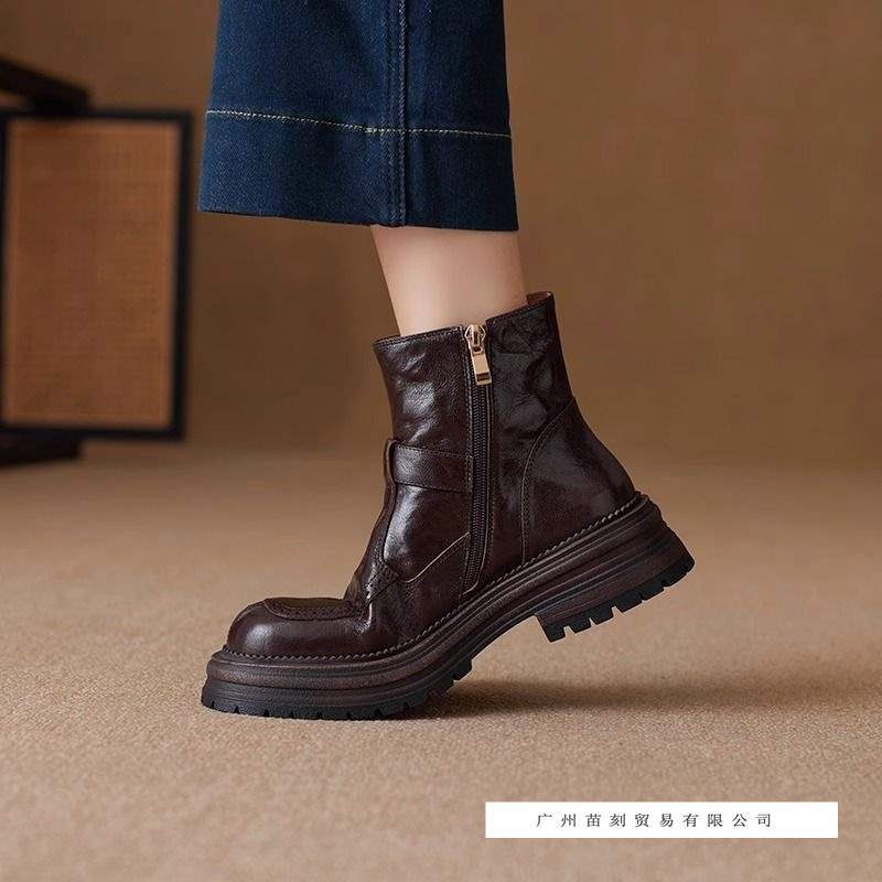 Huge Good-looking Soft Leather Platform British Martin Boots Women's French Short Boots Black Velvet Boots