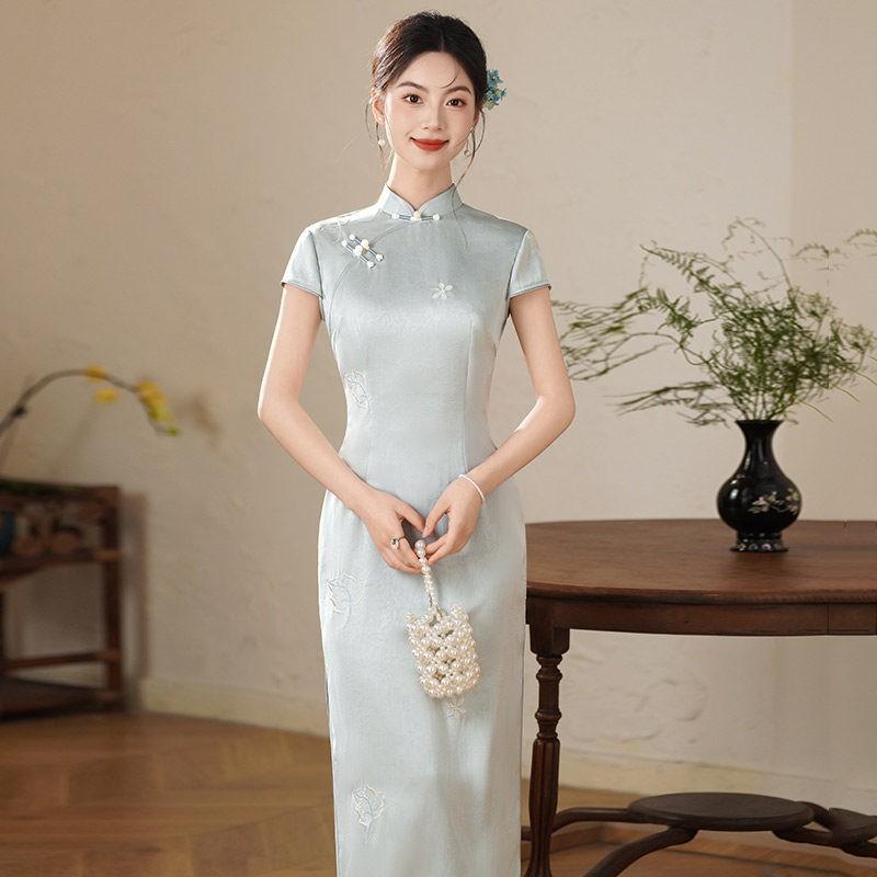 Elegant Blue Embroidered Modern Cheongsam Dress Women Retro Style Long Qipao With Stand Collar Small
