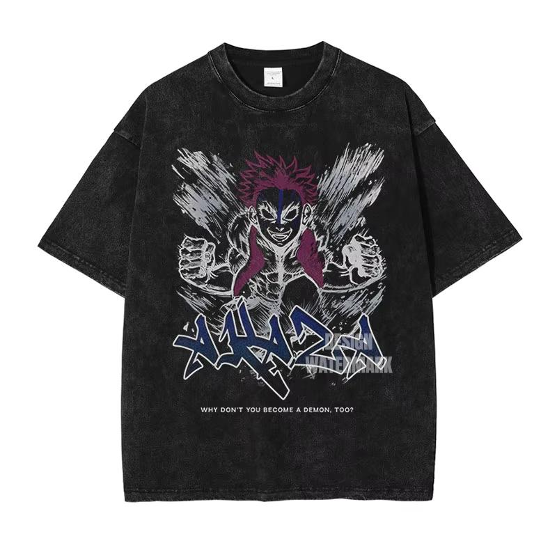 2026 Summer Unisex Japanese Anime Style Graphic T-Shirt Washed Cotton Short Sleeve Casual Streetwear Fashion Tee Comfortable
