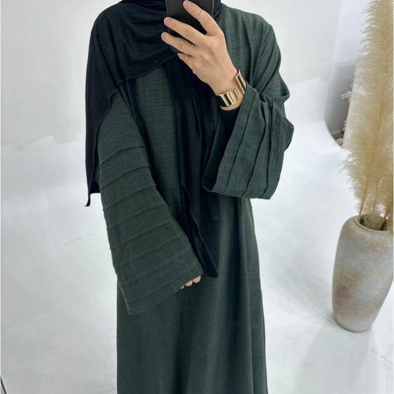 

New Arrival Middle East Pure Color Loose Lace-up Dress Solid Color Loose Lace up Dress Dark green XL