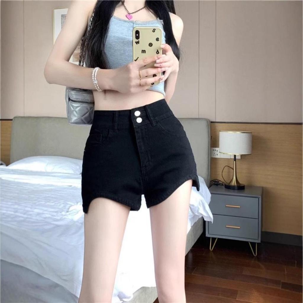 Women's High-Waist Black Double Buckle Denim Shorts - A-Line Petite Summer 2025 Trend