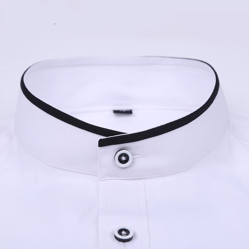 Men's Stand Up Collar Shirt Classic Round Neck Slim Fit Vertical Collar Long Sleeved White Shirt