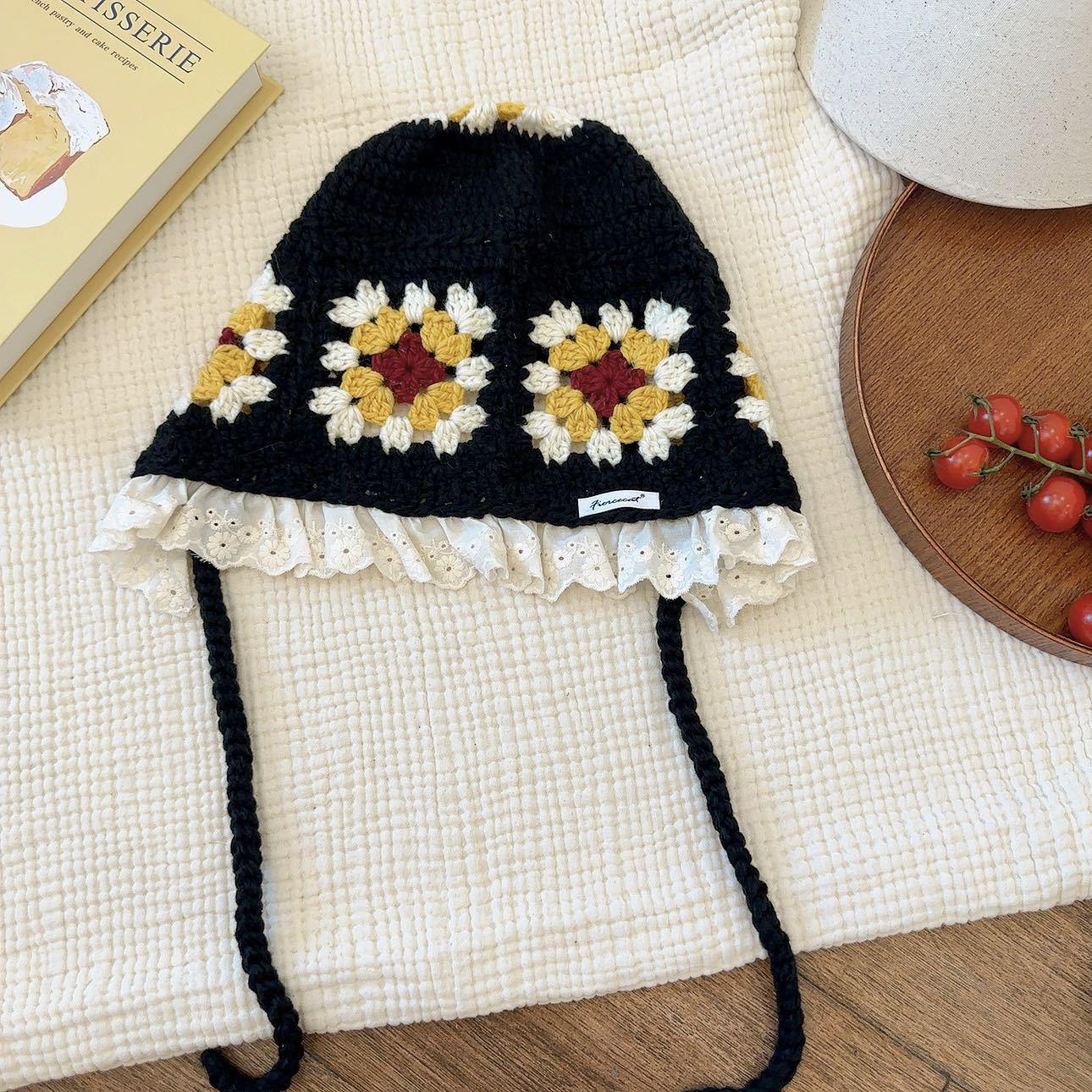 

2025 Осень/Зима Этнический Стиль Ручной Работы Вязаная Шапка-Капюшон с Кисточкой Подсолнух и Теплой Защитой Ушей One Size