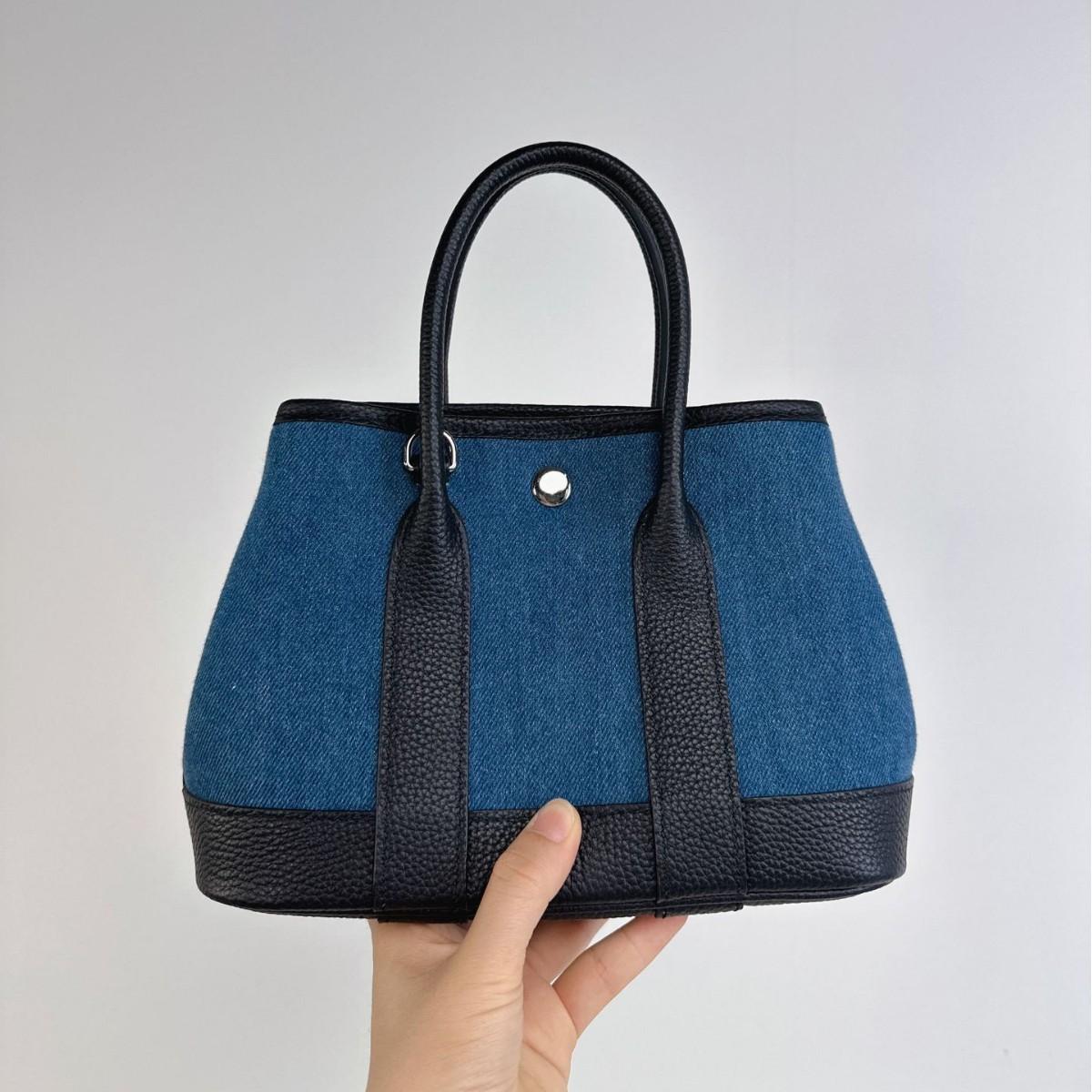 Denim blue and black garden bag canvas splicing first layer cowhide contrasting handbag new shoulder messenger women s bag