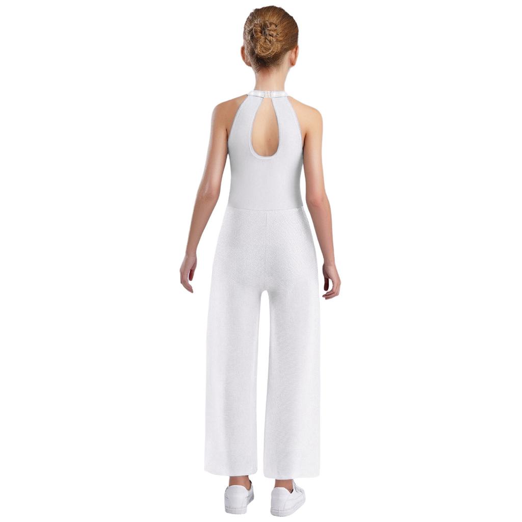 Girls Rhinestone Dance Bodysuit - Shimmery Sleeveless Jumpsuit with Keyhole Back & Side Splits, Built-in Briefs for Performances