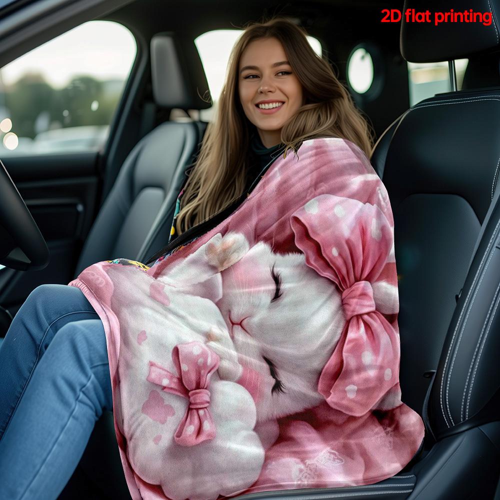 White Bunny With Pink Bow Printed Blanket Soft Warm Lightweight for Travel Camping Home Office Use