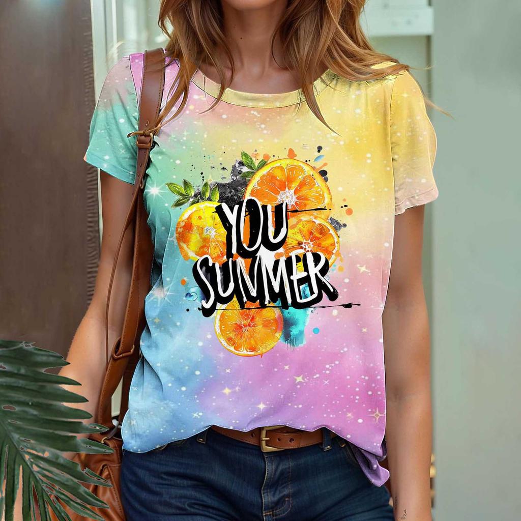 Summer Fruit Coconut Tree Gradient 3D Print Beach T-Shirts Short Sleeve O-Neck Women's T-shirts
