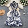 French light and mature style retro printing lapel dress women's summer waist high-end feeling thin and big pendulum temperament long dress