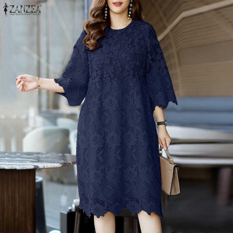 

ZANZEA Women Casual Round Neck 3/4 Sleeve Patchwork Lace Dress 4XL Темно-синій