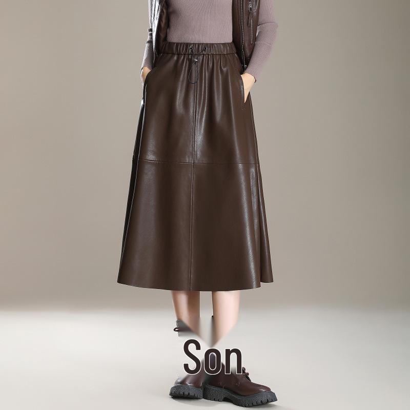 

High-Waisted Genuine Leather Midi Skirt for Women - Autumn/Winter 2025 Collection with Elastic Hem M кавовий