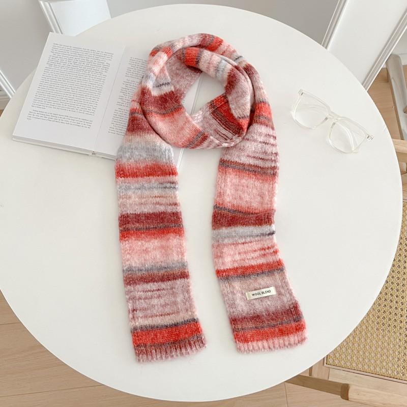 Cozy Knit Scarf Women Winter Warmth Creamy Pastel Color Block Style Soft Wool-Like Neck Wrap