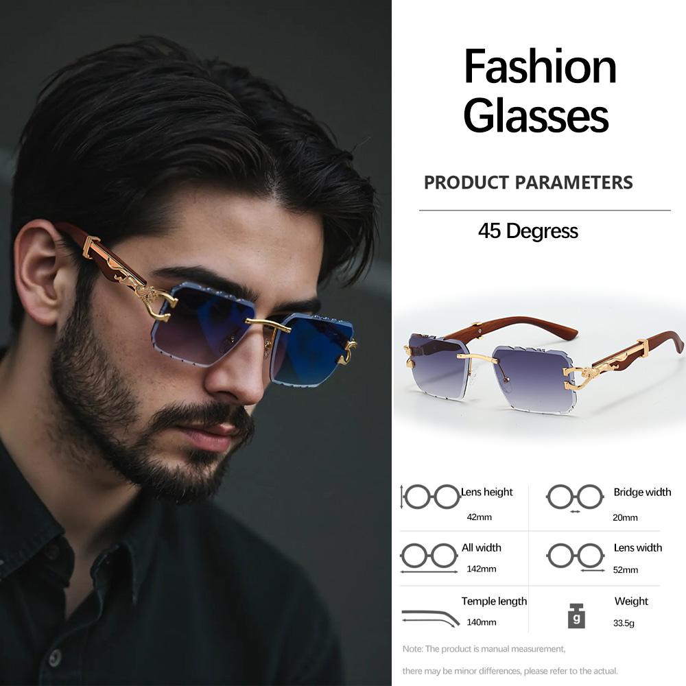 Modern Minimalist Geometric Cut Angle Sunglasses with Carved Frameless Lens Design Exquisite Metal Decoration Sunglasses Men