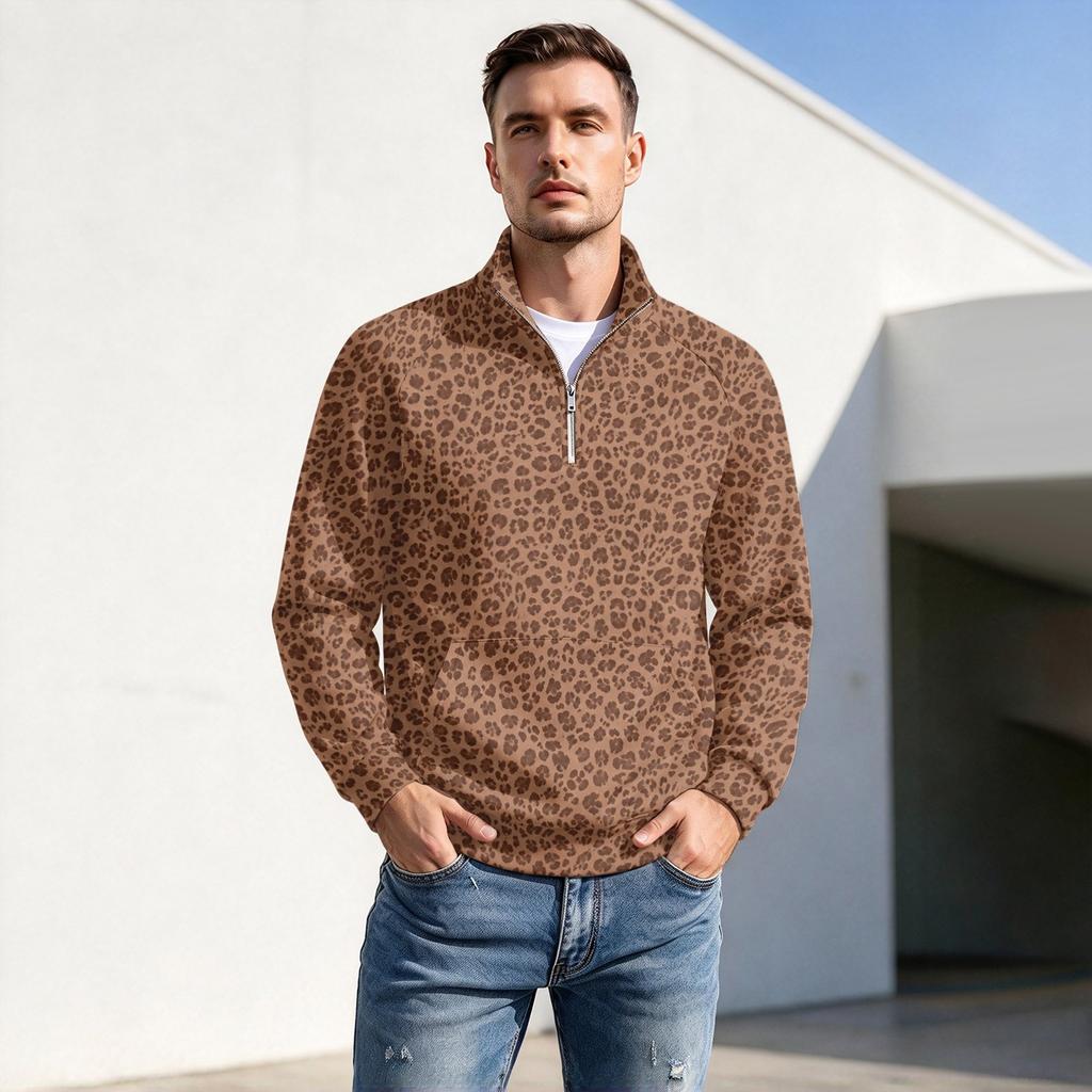 Herren Pullover mit Reißverschluss, Leopardenmuster, Stehkragen, Lässig, Knitterfrei, Sportliches Oberteil für Herbst Winter