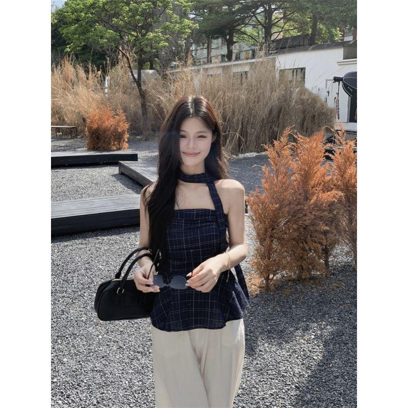 Retro Contrast Color Sexy Gingham Tube Top Vest Women's Clothing Summer Niche Style Ruffles Silm off-the-Shoulder Short Small Top