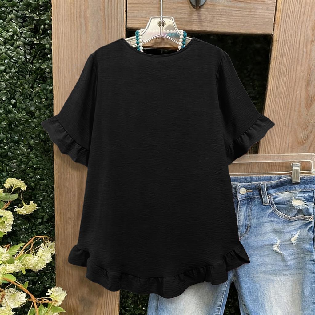 Womens Plus Size Ruffle Hem Short Sleeve Pullover Top Loose Fit Crew Neck Flounce Sleeve Blouse Casual Style