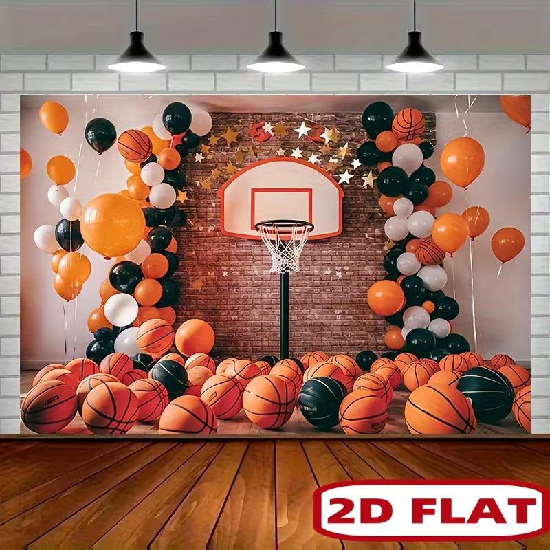 2D Basketball Hoop Backdrop with Orange Black Balloons & Bricks